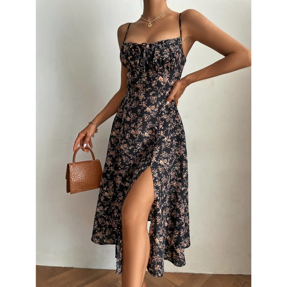 boho Floral Print Tie Front Shirred Back Slit Thigh Cami Dress - Picture 1 of 2